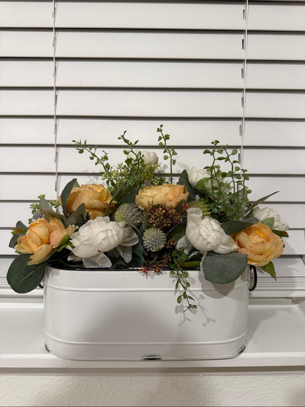 Artificial Peach & White Flower Arrangement in White Metal Planter